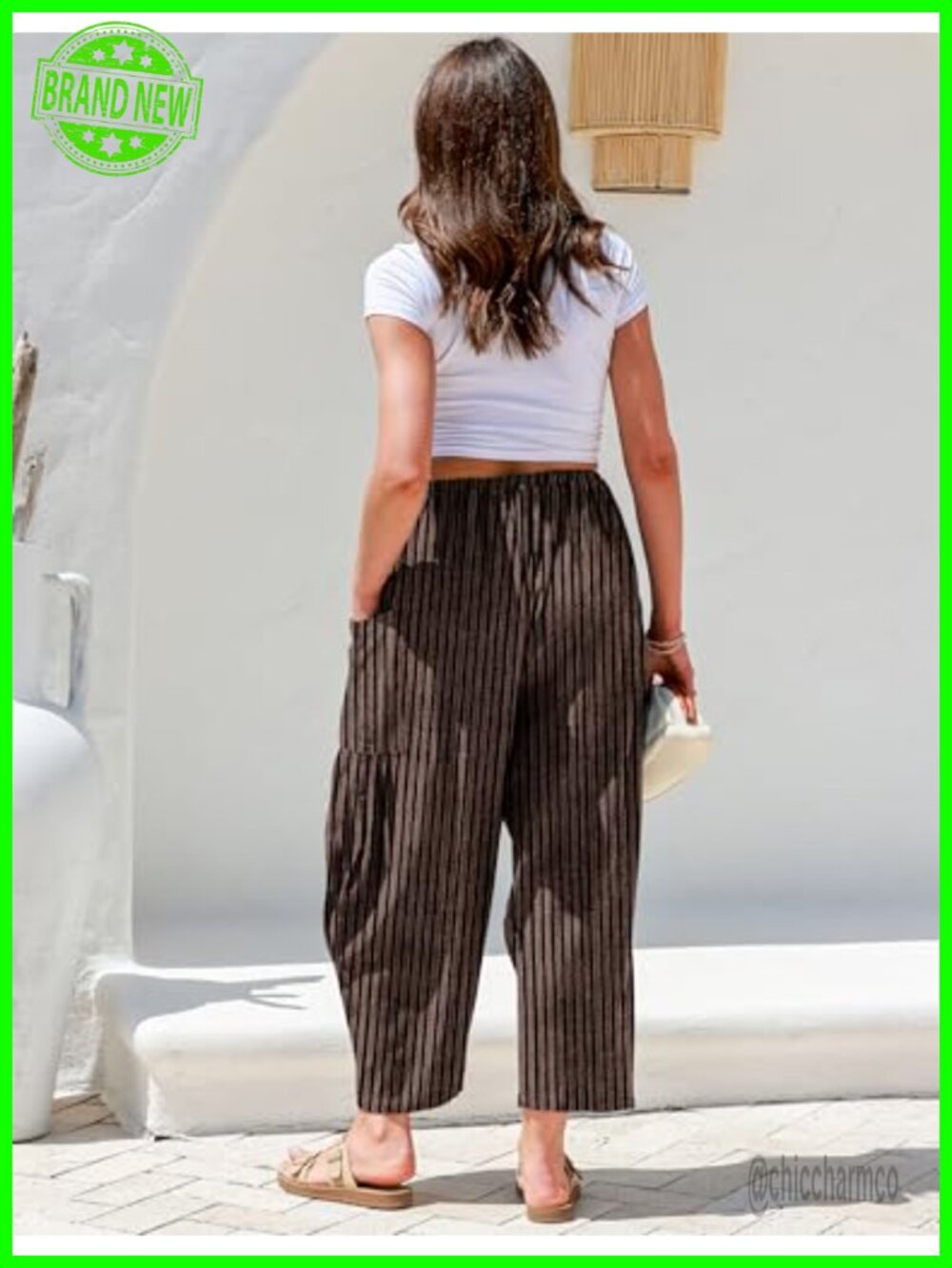 TARSE Womens Wide Leg Striped Linen Pants with Pocket - Picture 2 of 6